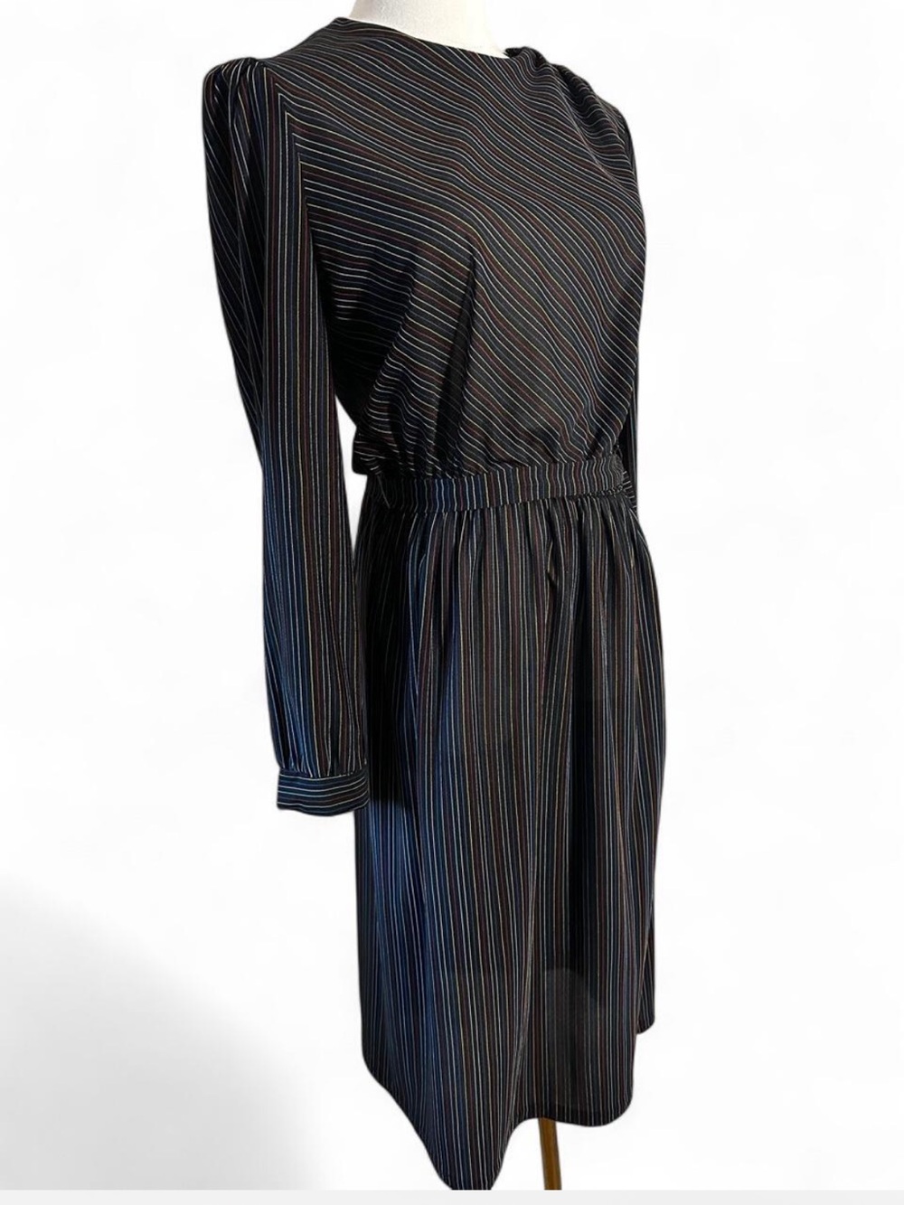 Vintage 80s Secretary Dress Periwinkle Black Rainbow Stripe Small